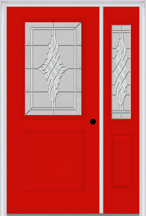MMI 1/2 Lite 1 Panel 6'8" Fiberglass Smooth Grace Nickel Or Grace Patina Exterior Prehung Door With 1 Half Lite Grace Nickel/Patina Decorative Glass Sidelight 682